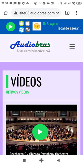 Tela da seção de vídeos no modo mobile do site administrável