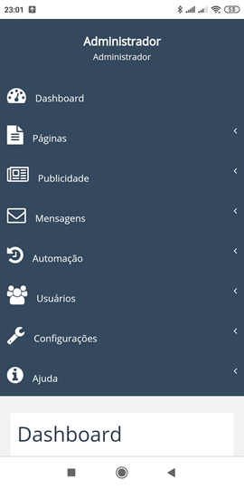 Tela do menu da área administrativa no modo mobile