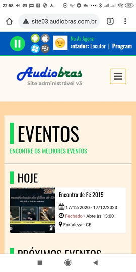 Seção de eventos do site para rádios e tvs na versão mobile